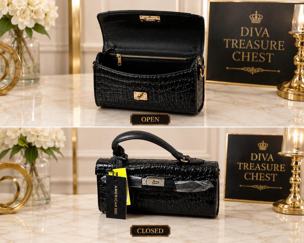 NEW AMERICAN BEE women's croco boxy satchel bag in black